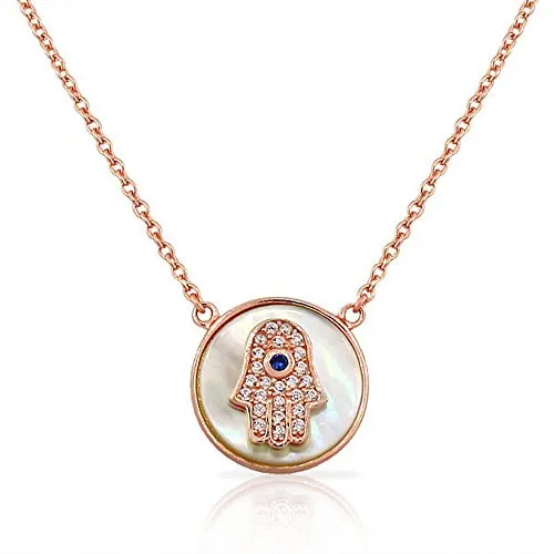 925 Sterling Silver Rose Gold-Tone Simulated Mother of Pearl CZ Womens Evil Eye Hamsa Pendant Necklace