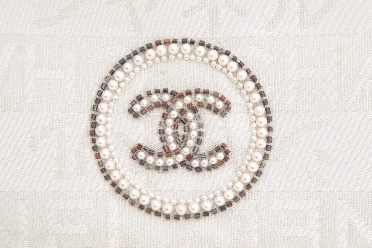 Chanel Vintage White and Silver Ginza Limited Pearl Coco Mark Pouch