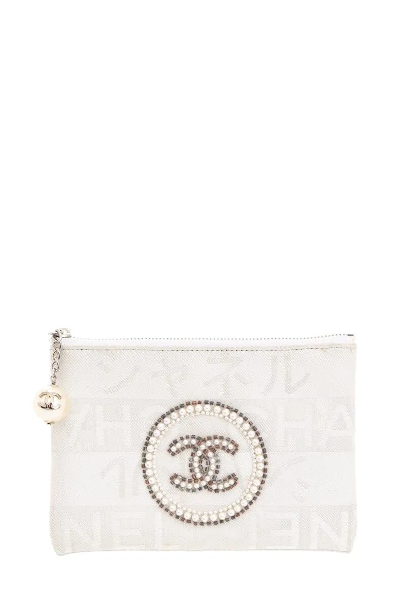 Chanel Vintage White and Silver Ginza Limited Pearl Coco Mark Pouch