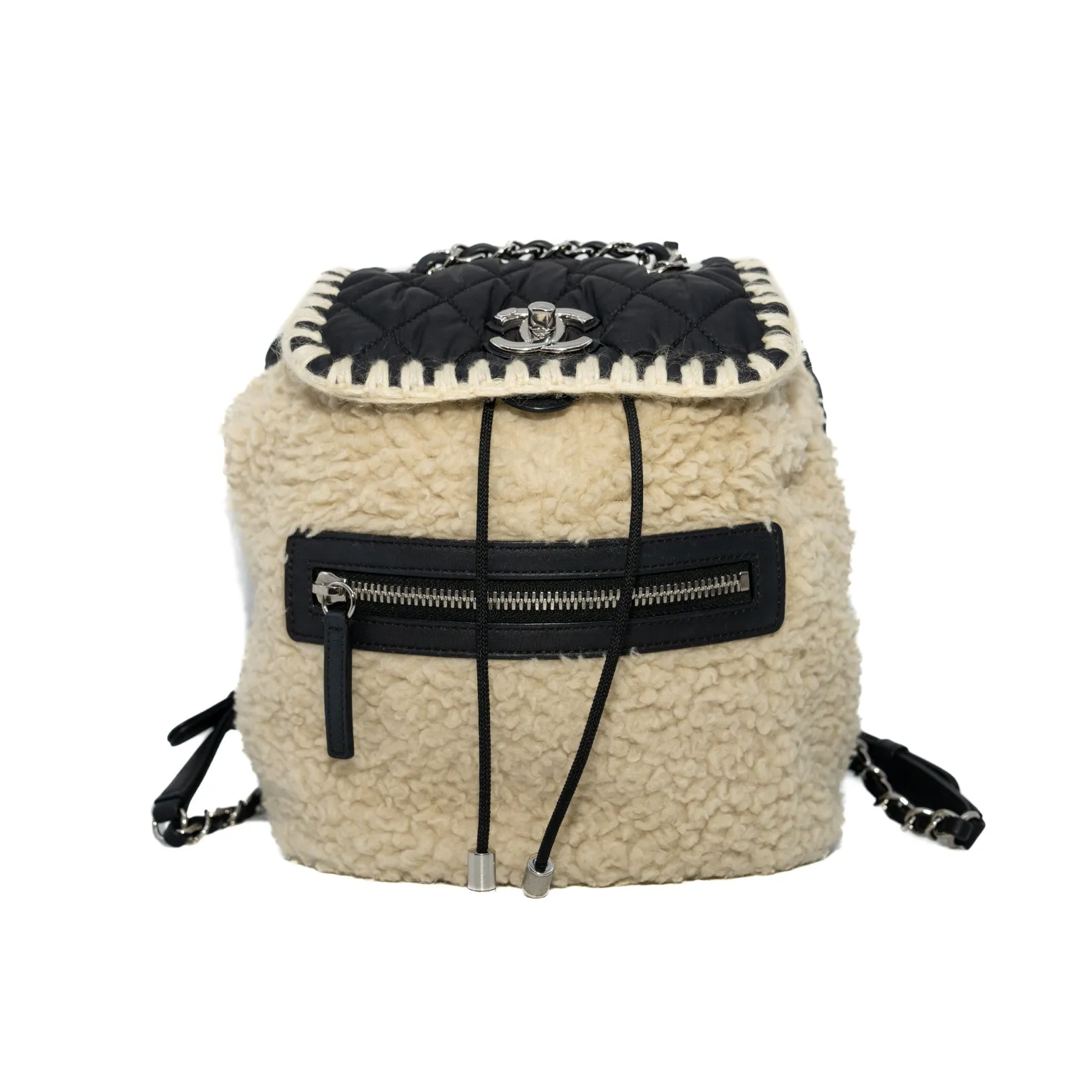 Coco Neige Backpack Black/Beige Ecru Nylon Shearling Wool Bag Seri 26