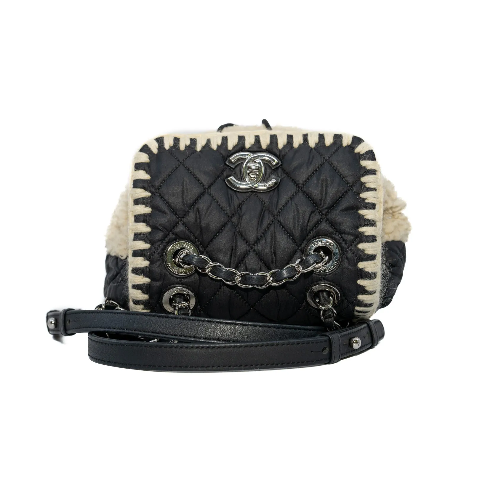 Coco Neige Backpack Black/Beige Ecru Nylon Shearling Wool Bag Seri 26