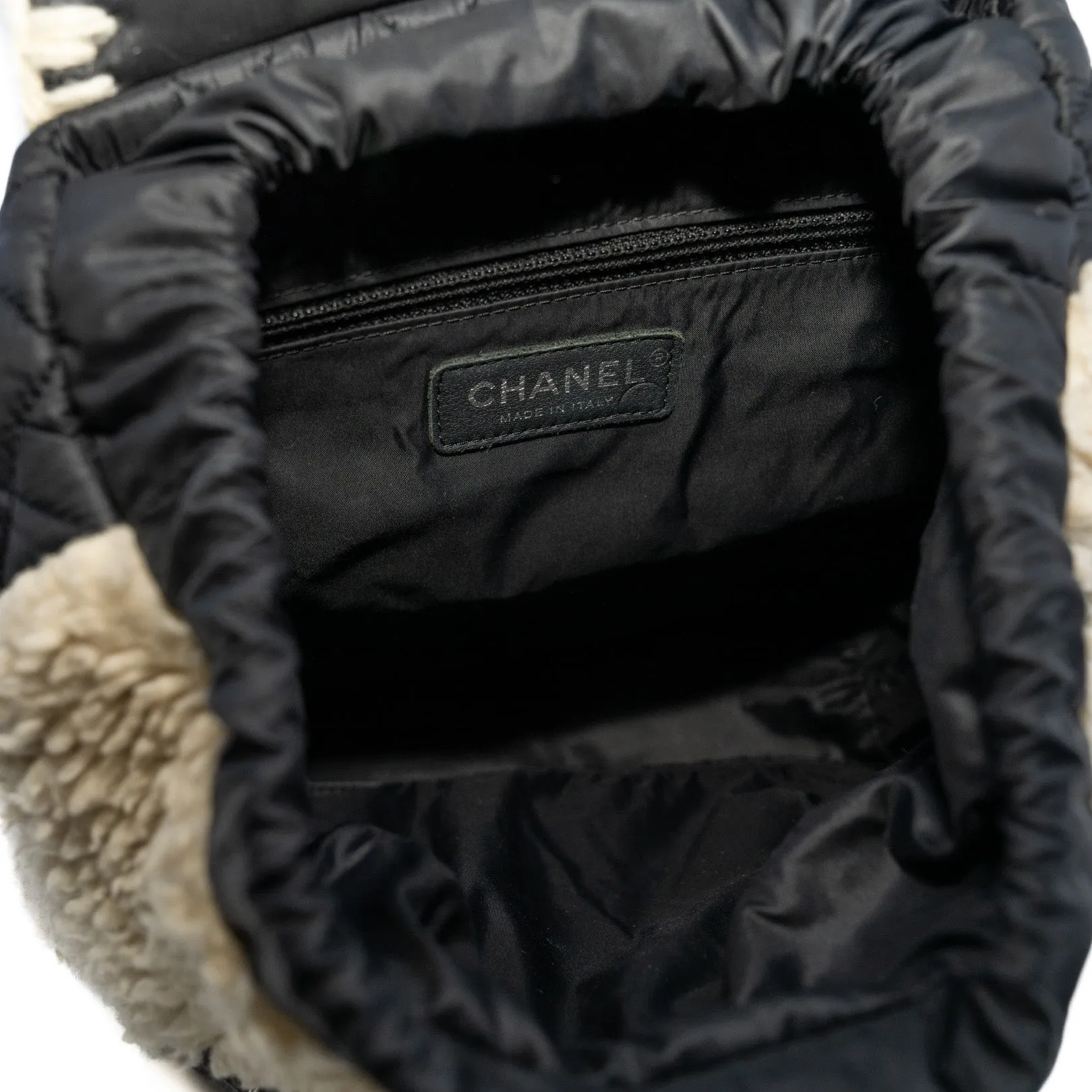Coco Neige Backpack Black/Beige Ecru Nylon Shearling Wool Bag Seri 26