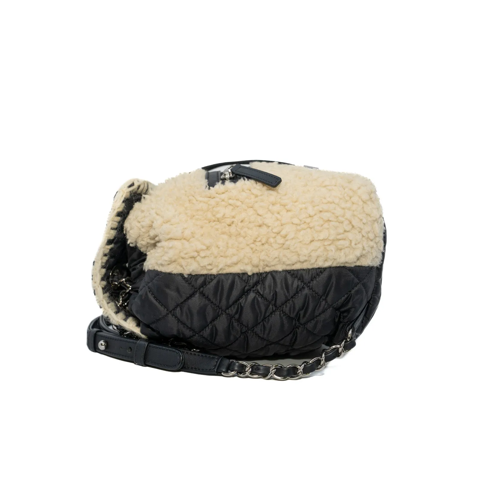 Coco Neige Backpack Black/Beige Ecru Nylon Shearling Wool Bag Seri 26