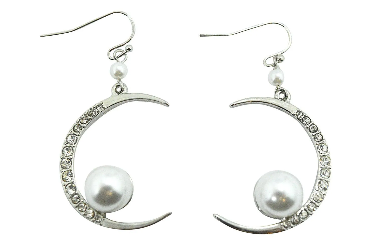 Cresent Moon with Imitation Pearl Accent Dangle Earrings