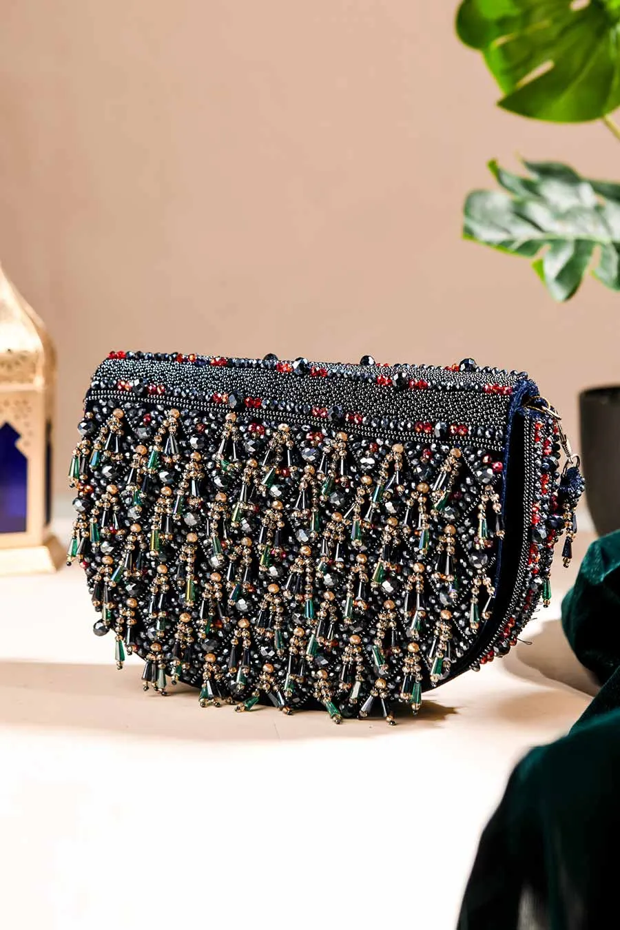 Dark Blue Zayena Hand-Embroidered Clutch