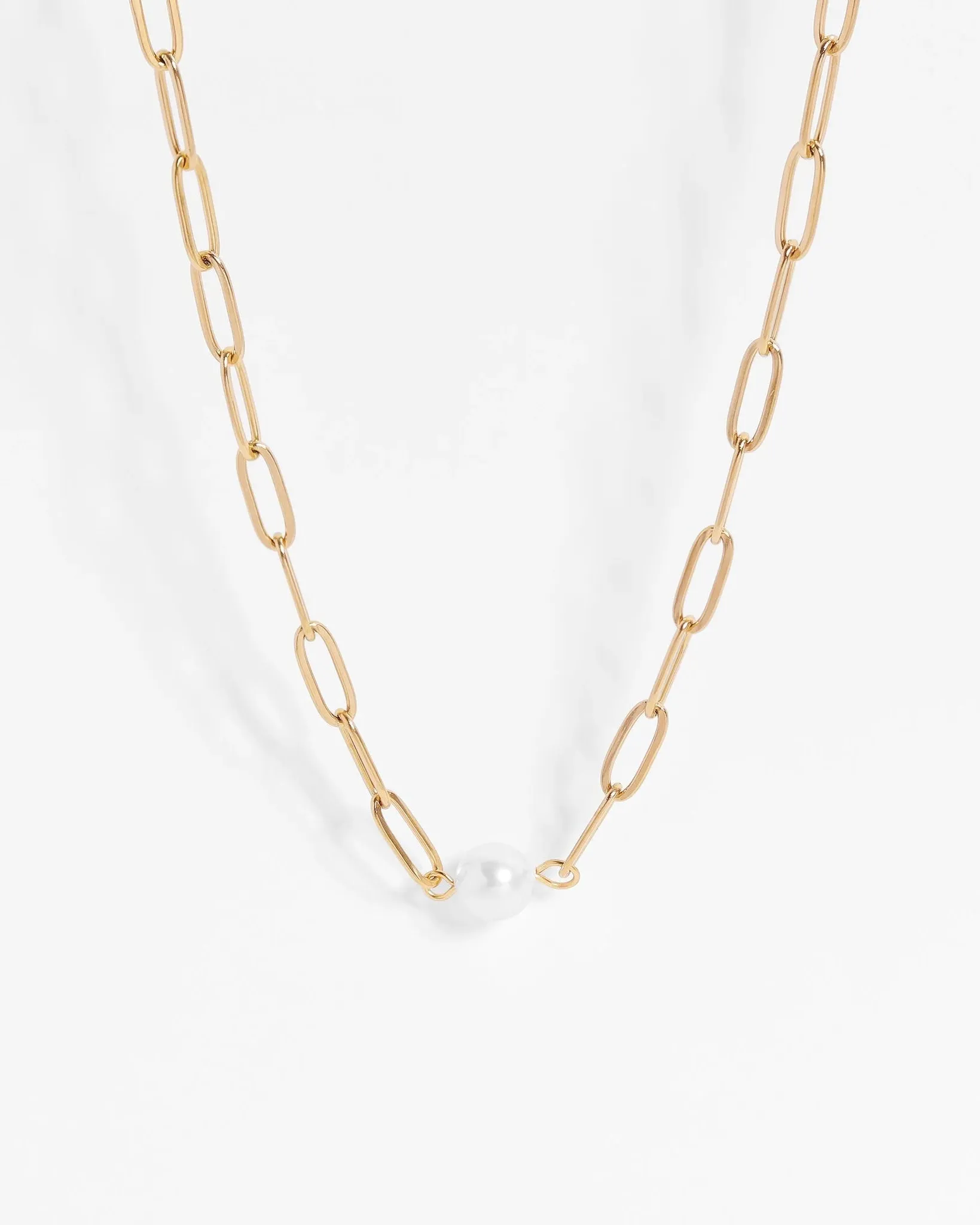 Gold Stainless Paperclip Pearl Necklace (Waterproof)