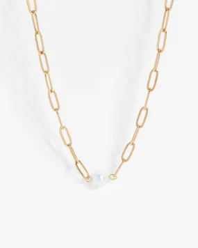 Gold Stainless Paperclip Pearl Necklace (Waterproof)