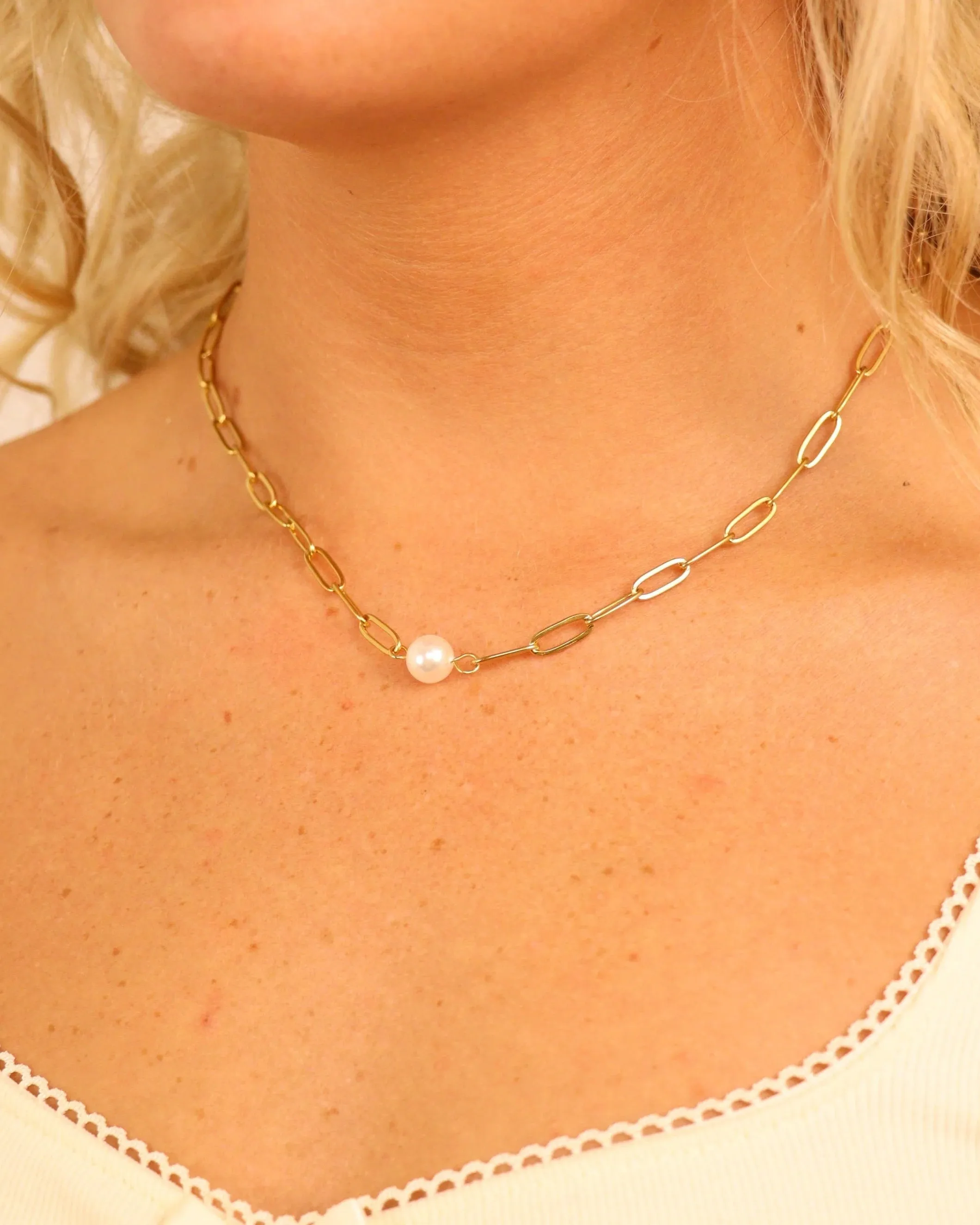 Gold Stainless Paperclip Pearl Necklace (Waterproof)
