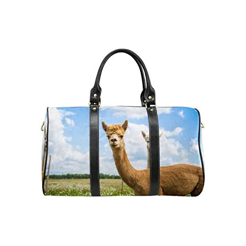 InterestPrint Weekender Bag Overnight Carry-on Tote Duffel Bag Two Friendly Curios Brown and White Alpacas
