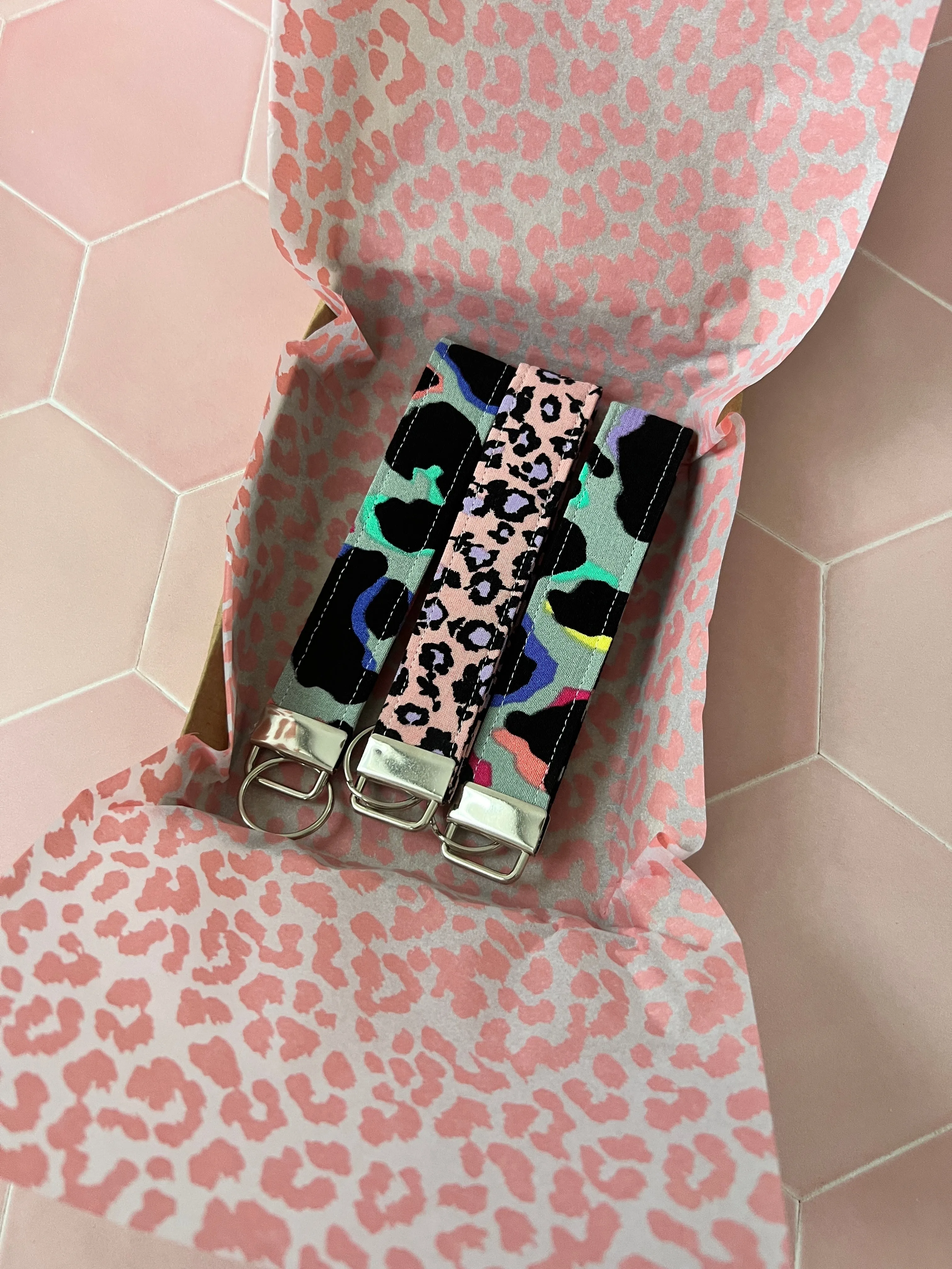Khaki Rainbow Leopard Print Wristlet Keychain
