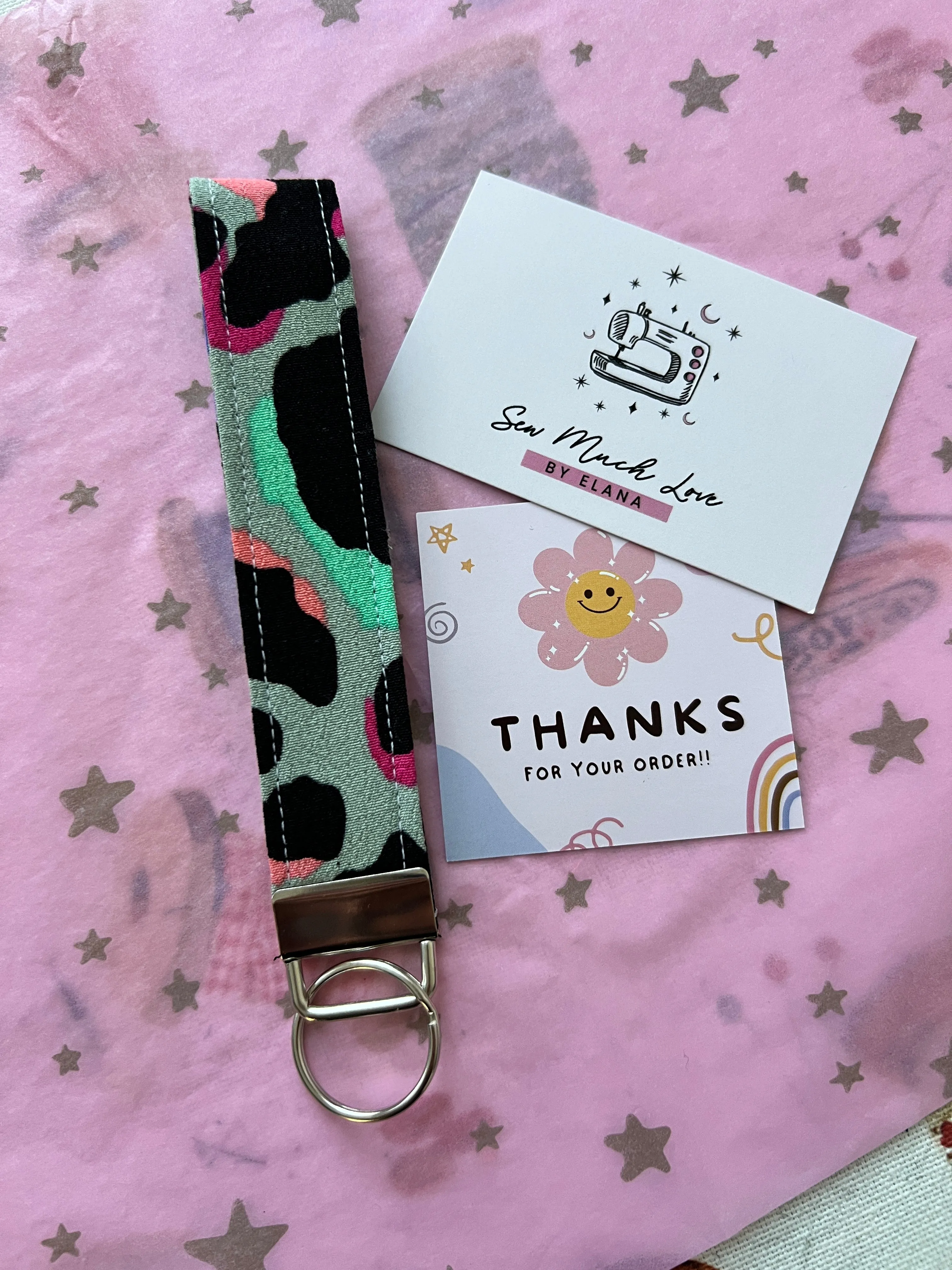 Khaki Rainbow Leopard Print Wristlet Keychain