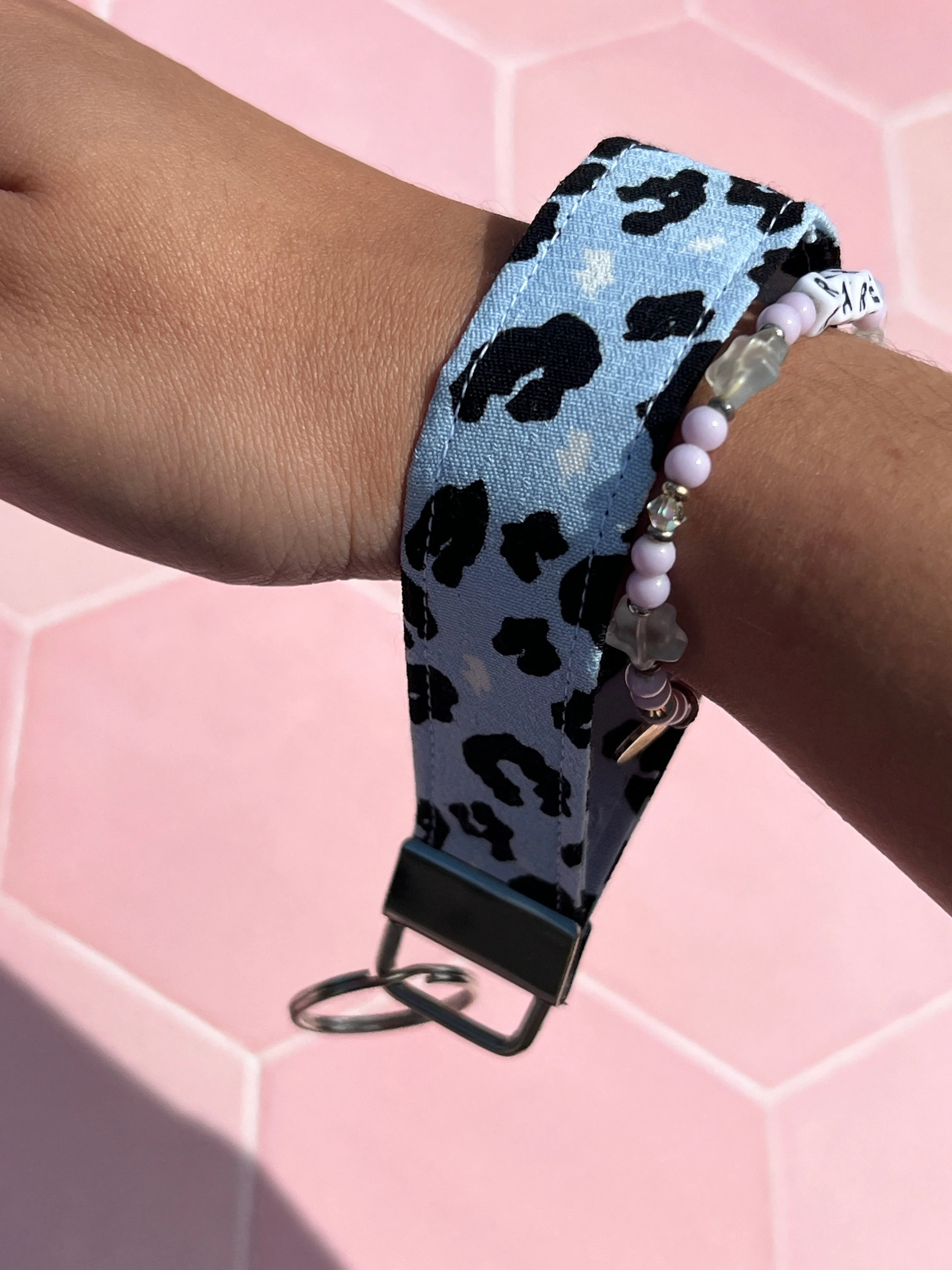 Light Blue Leopard Print Wristlet Keychain Small