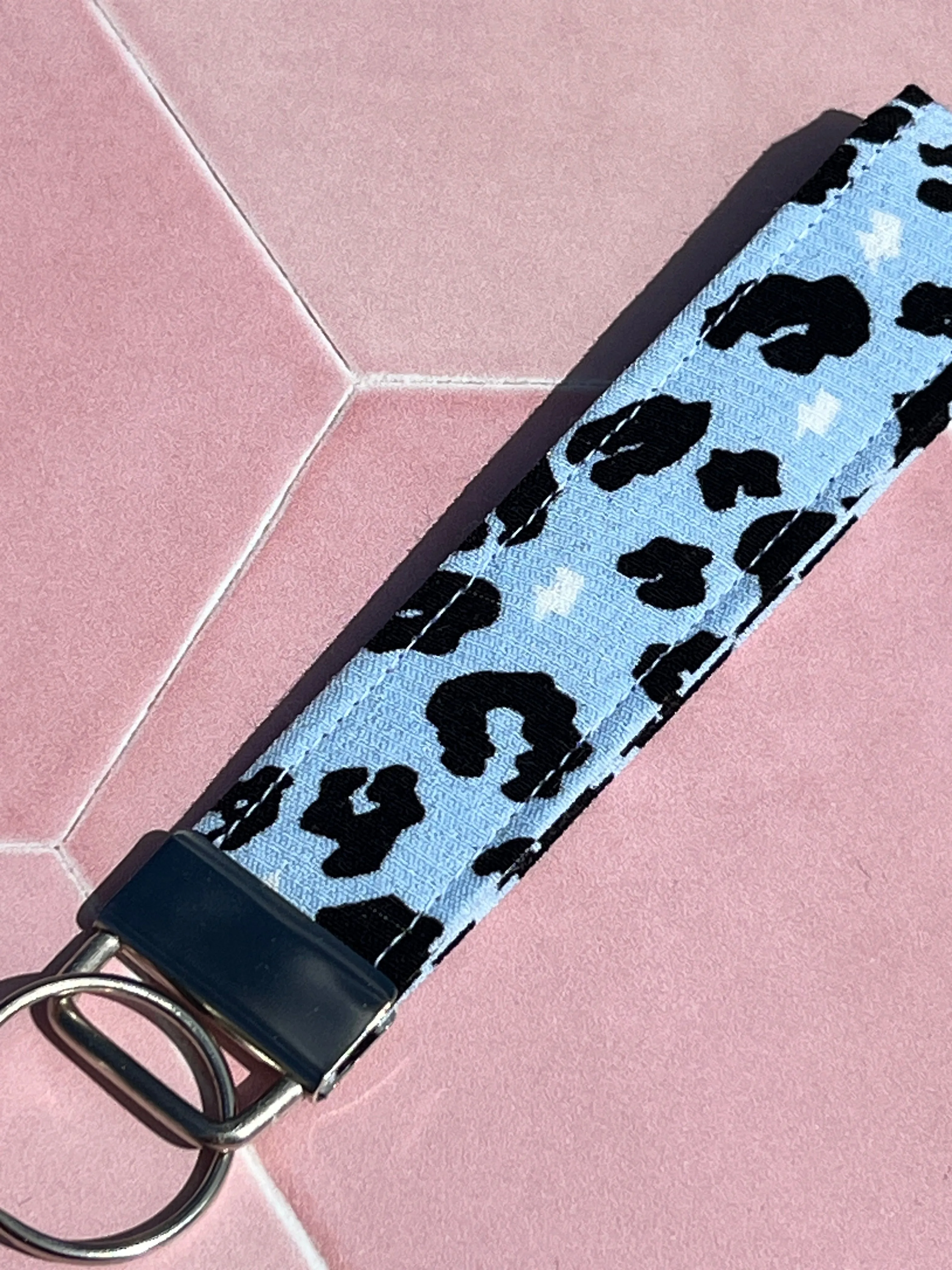 Light Blue Leopard Print Wristlet Keychain Small