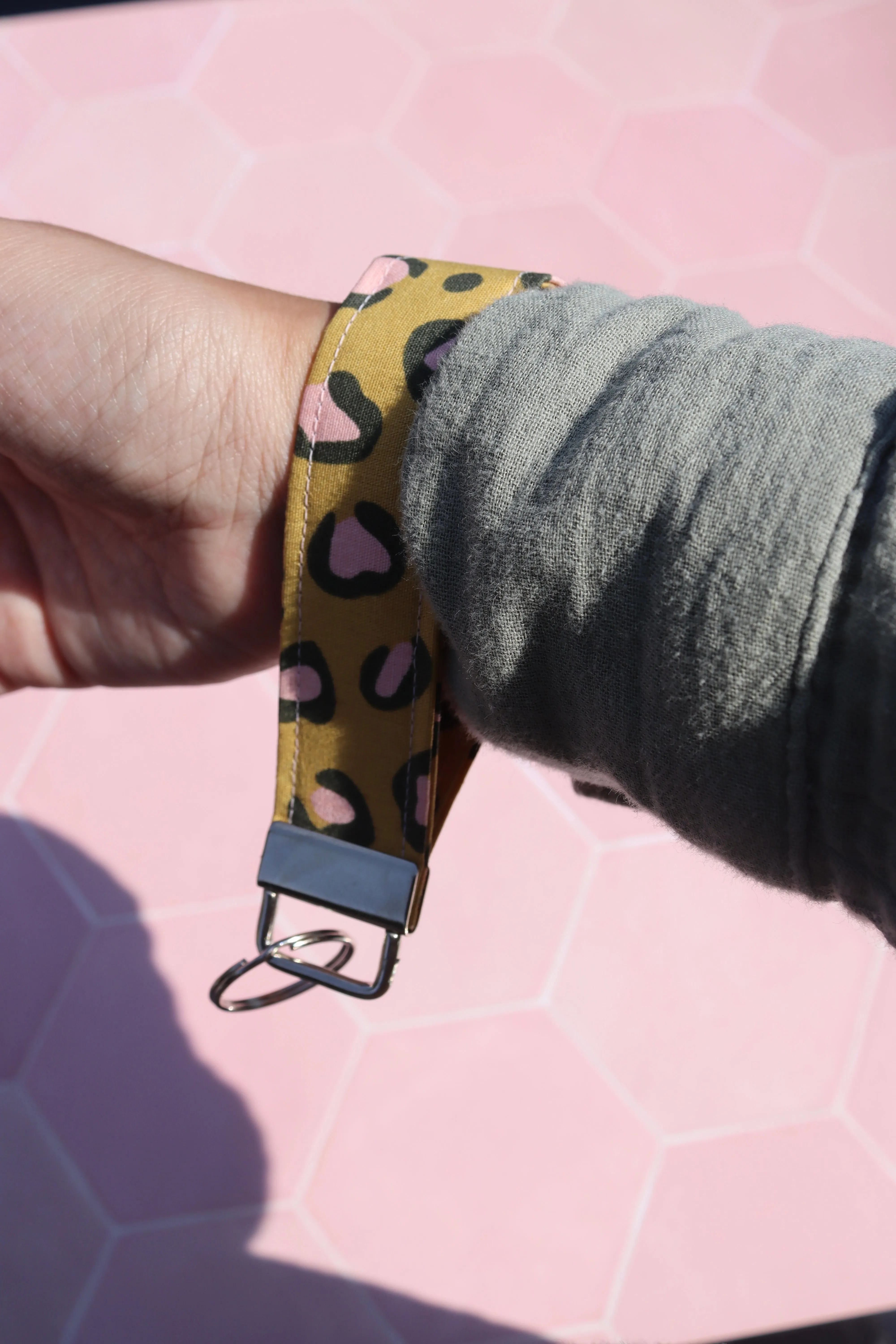 Mustard and Pink Leopard Print Wristlet Keychain Small