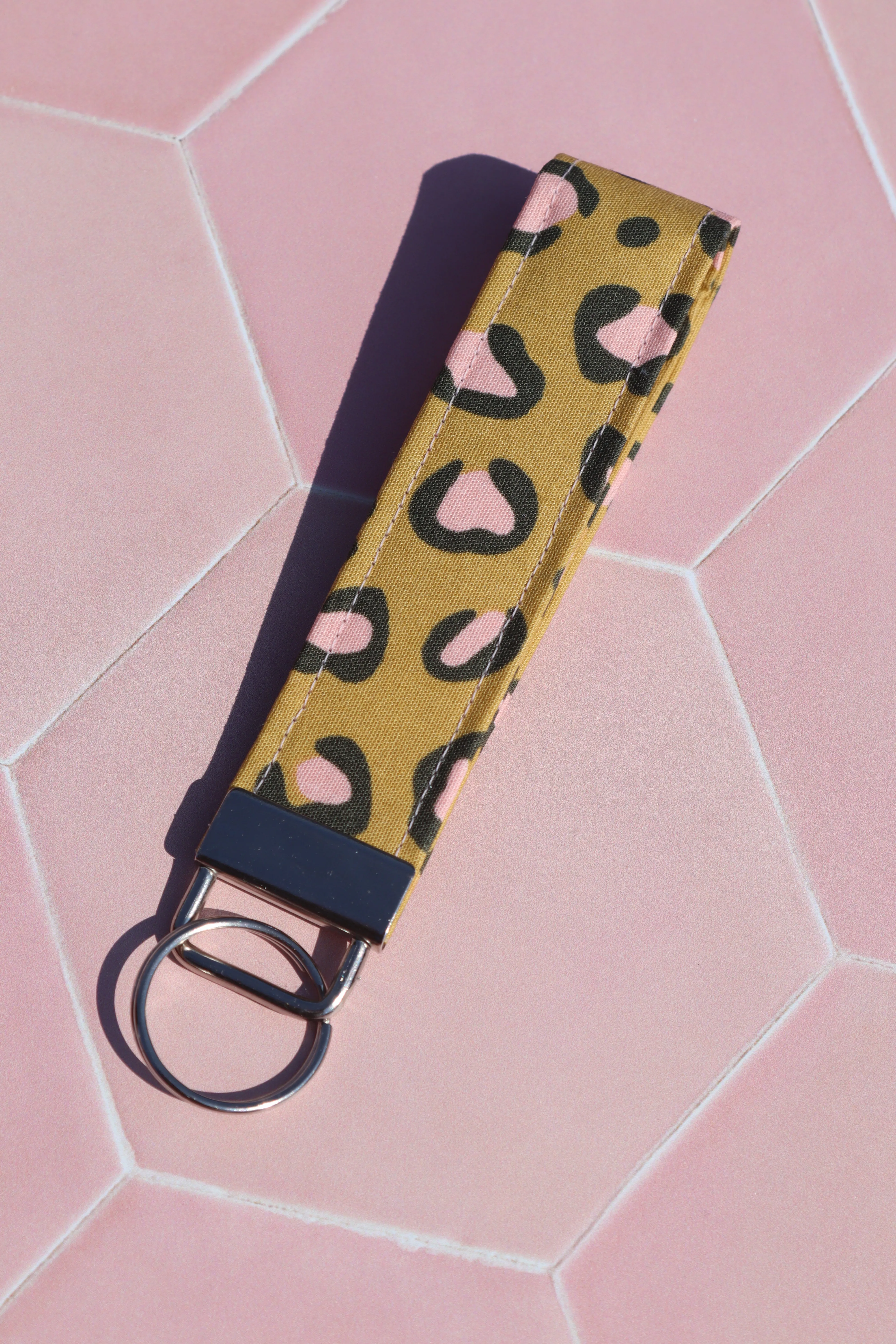 Mustard and Pink Leopard Print Wristlet Keychain Small