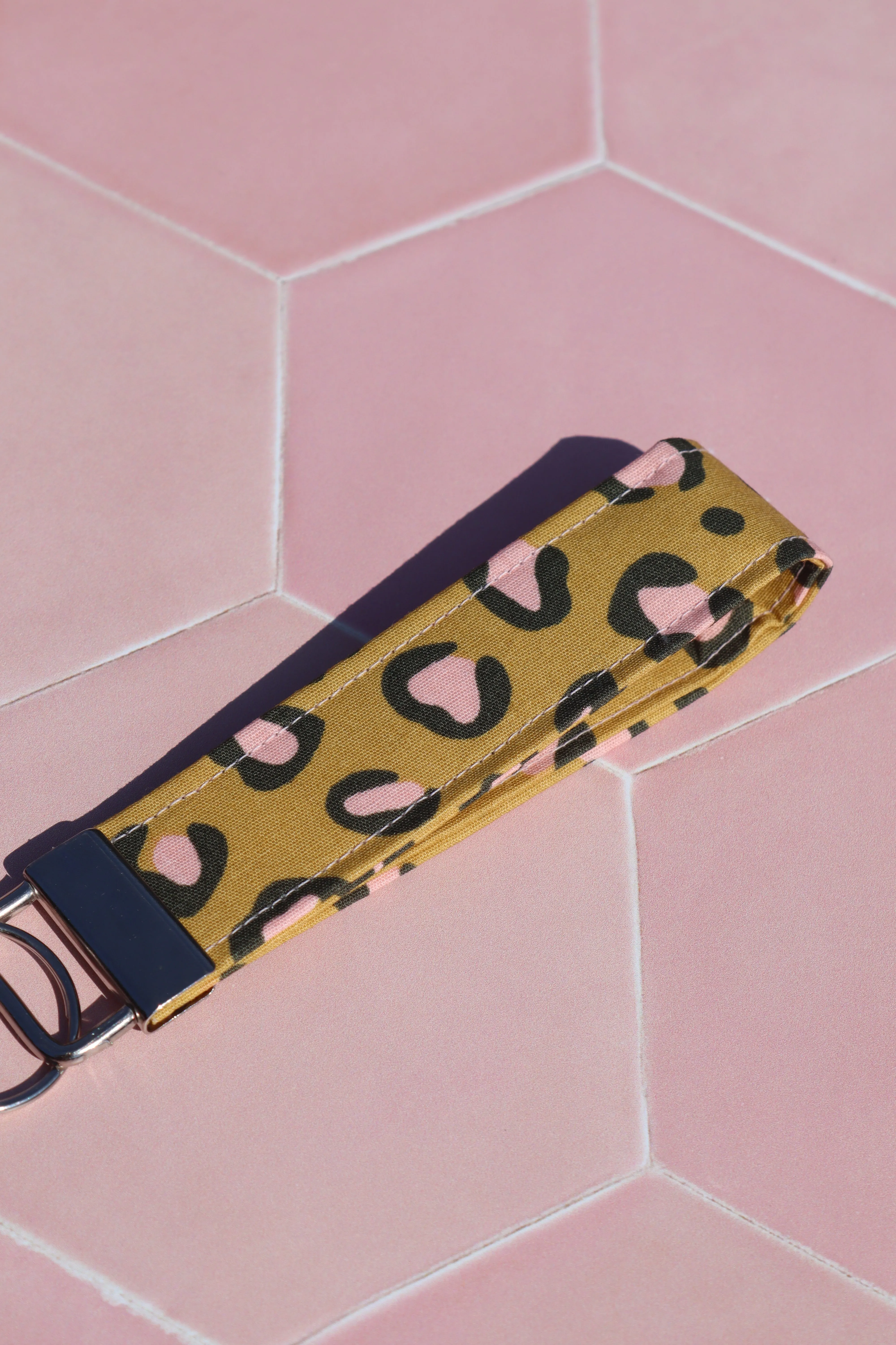 Mustard and Pink Leopard Print Wristlet Keychain Small