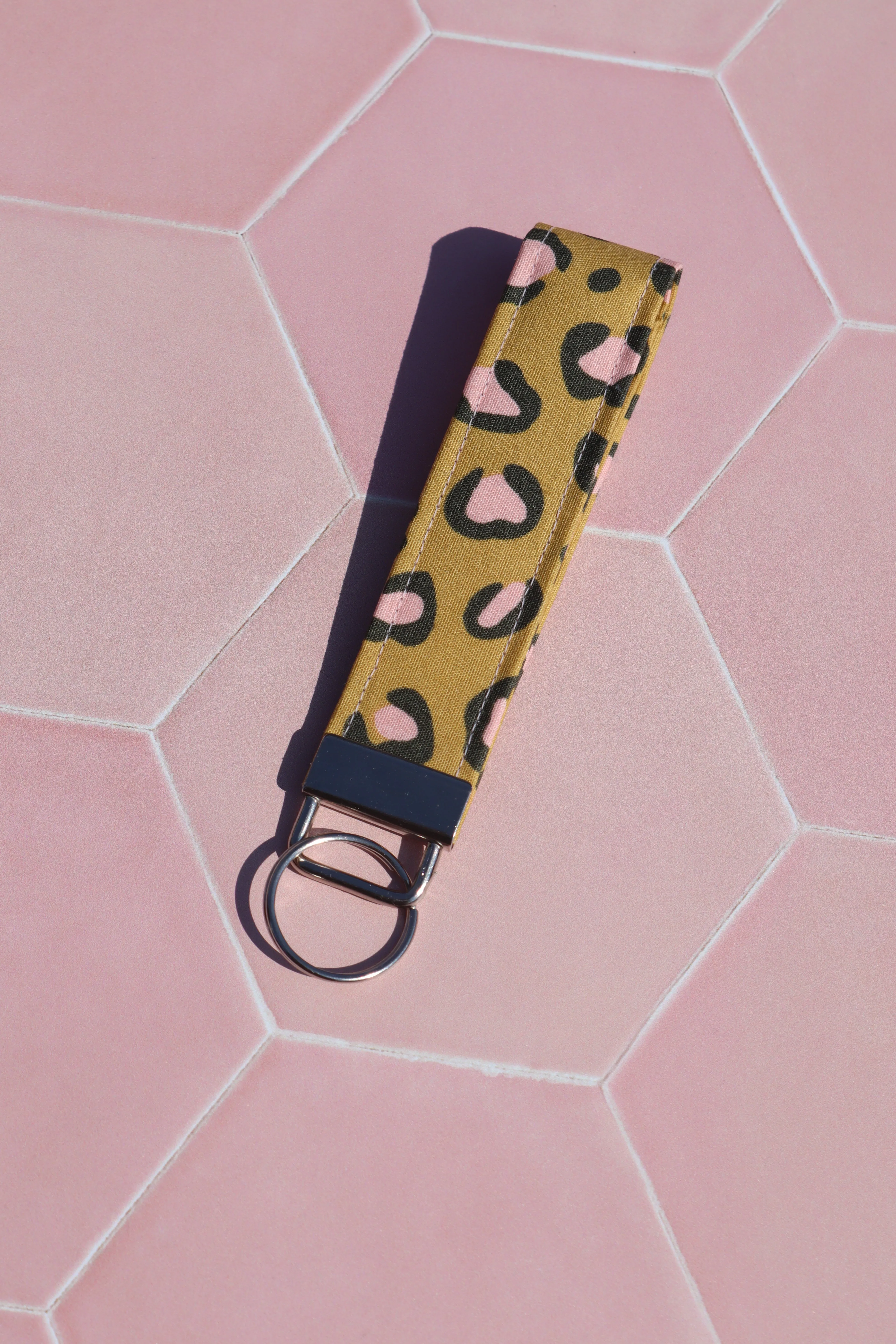 Mustard and Pink Leopard Print Wristlet Keychain Small