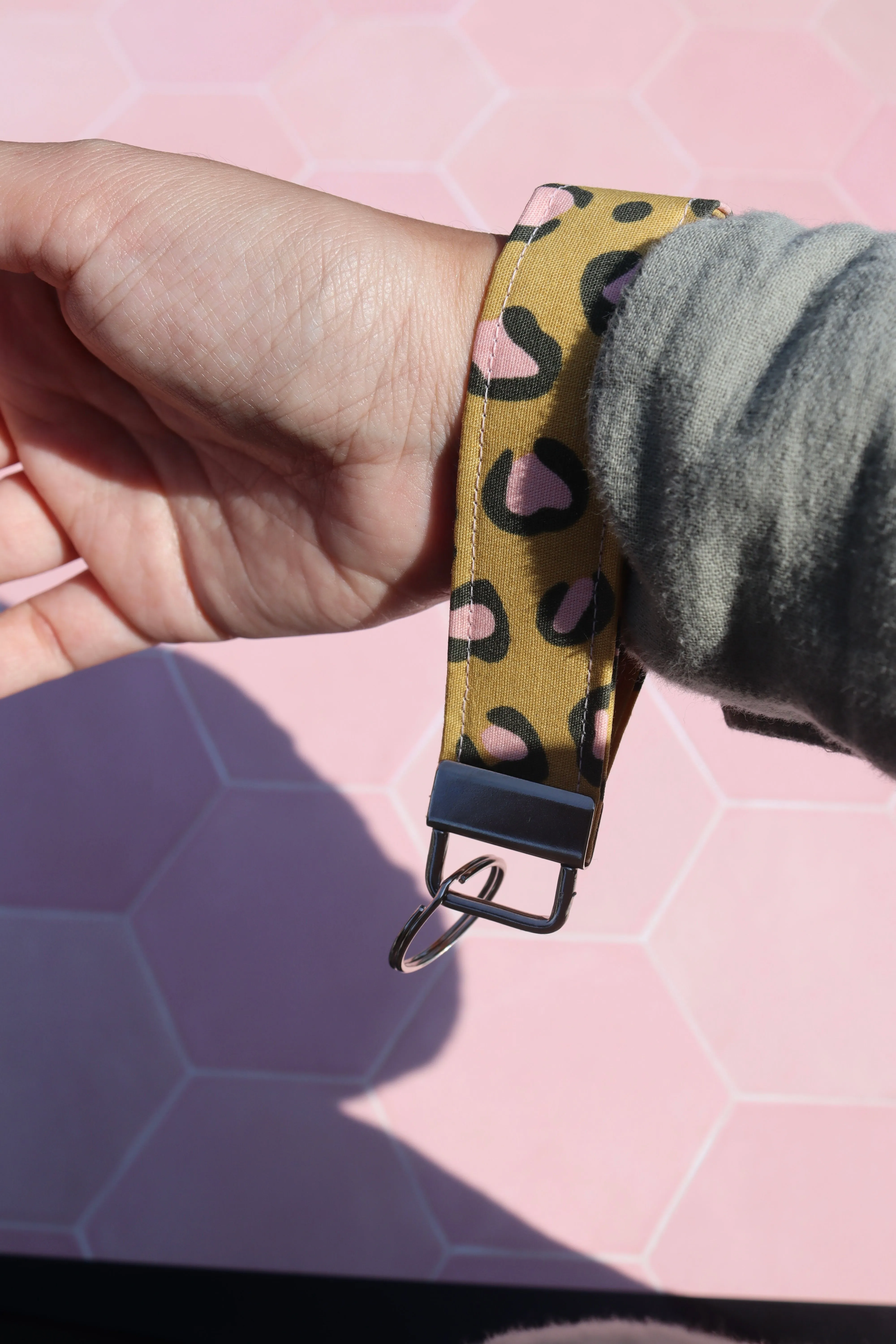 Mustard and Pink Leopard Print Wristlet Keychain Small