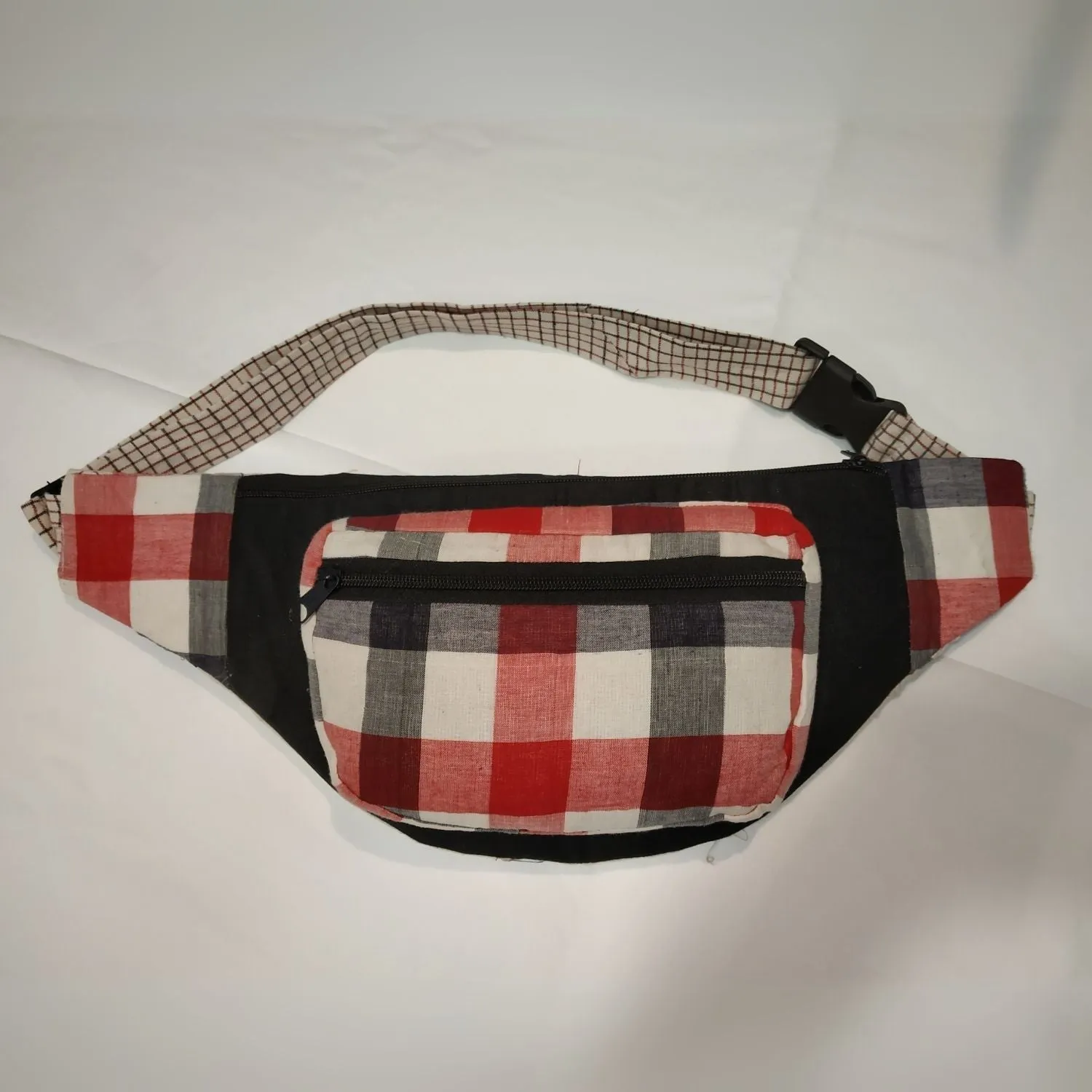 Red Check Fanny Pack | Compact & Multi-Pocket | Hands-Free Style