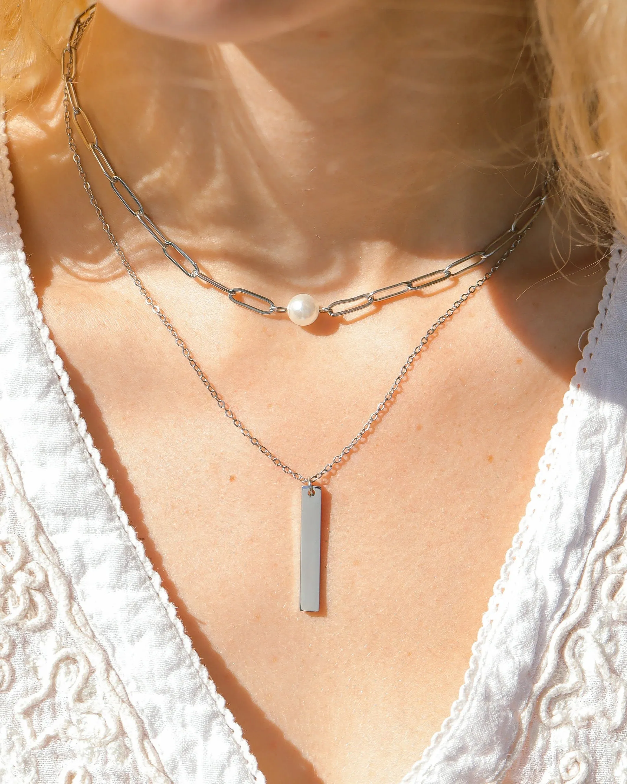 Silver Stainless Paperclip Pearl Necklace (Waterproof)