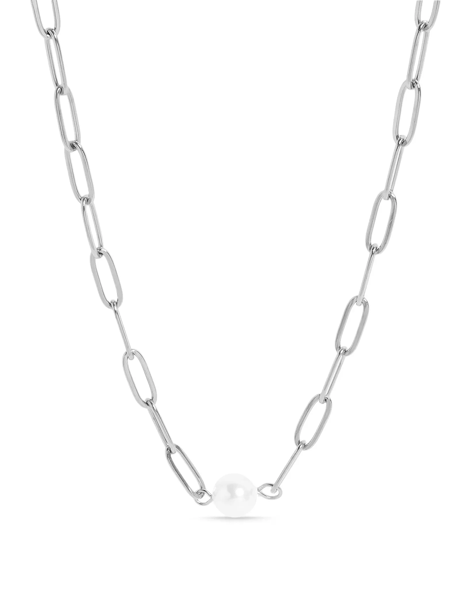Silver Stainless Paperclip Pearl Necklace (Waterproof)