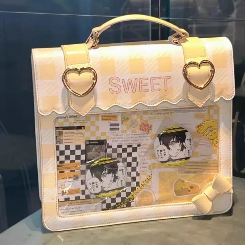 Uakiss Letter Print Japanese Pain Bag Girl Metal Heart Y2k ItaBag Bow JK Uniform Backpack Transparent Lolita Handbag Women Shoulder Bag
